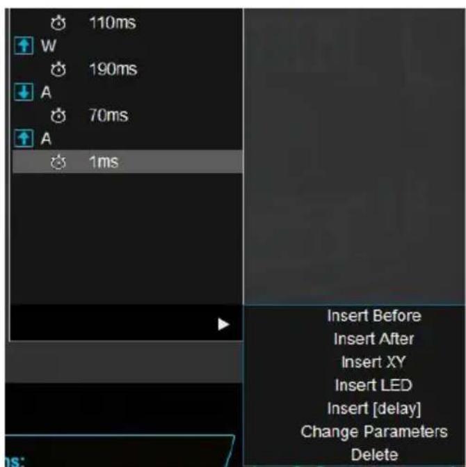 110ms W 190ms A 70ms A 1ms Insert Before Insert After Insert XY Insert LED Insert [delay] Change Parameters Delete