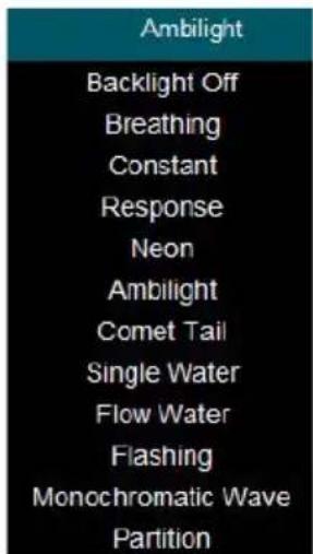 Ambilight Backlight Off Breathing Constant Response Neon Ambilight Comet Tail Single Water Flow Water Flashing Monochromatic Wave Partition
