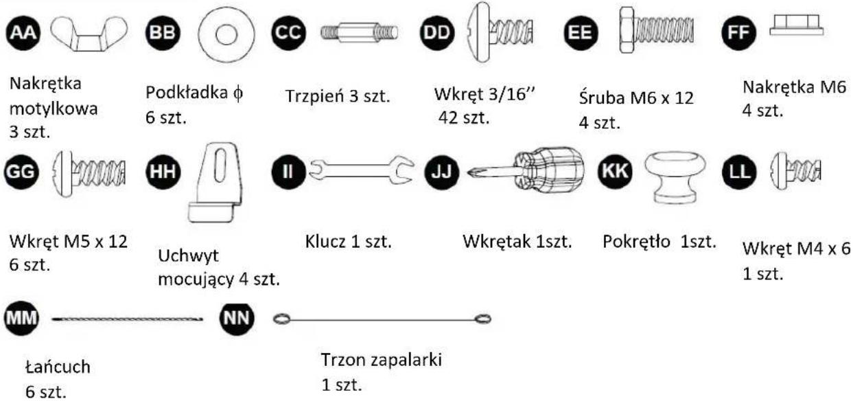 Nakrętka motylkowa 3 szt. Podkładka φ 6 szt. Trzpień 3 szt. Wkręt 3/16" 42 szt. Śruba M6 x 12 4 szt. Nakrętka M6 4 szt. Wkręt M5 x 12 6 szt. Uchwyt mocujący 4 szt. Klucz 1 szt. Wkrętak 1 szt. Pokrętło 1 szt. Wkręt M4 x 6 1 szt. Łańcuch 6 szt. NN Trzon zapalarki 1 szt.