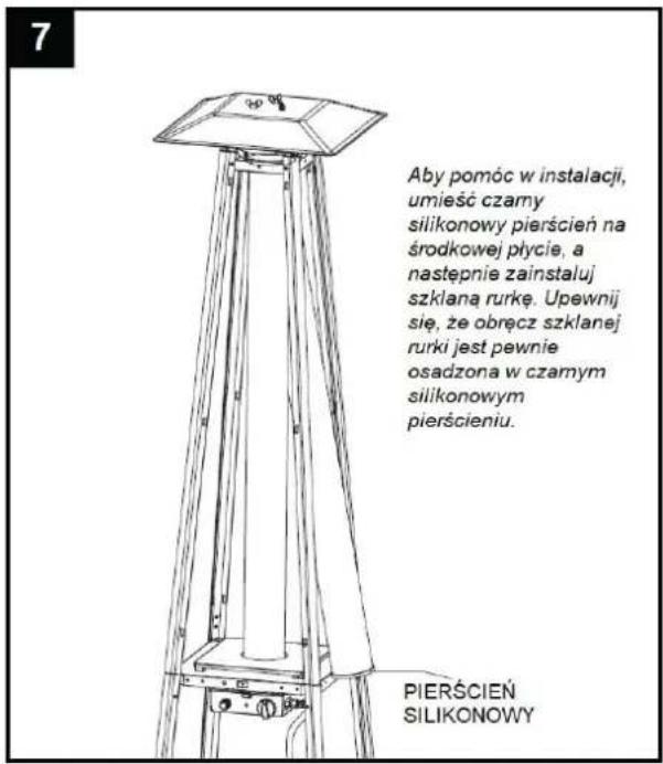 Aby pomóc w instalacji, umieść czamy silikonowy pierścień na środkowej płycie, a następnie zainstaluj szklana rurkę. Upewnij się, że obręcz szklanej rurki jest pewnie osadzona w czamym silikonowym pierścieniu. PIERŚCIEN SILIKONOWY