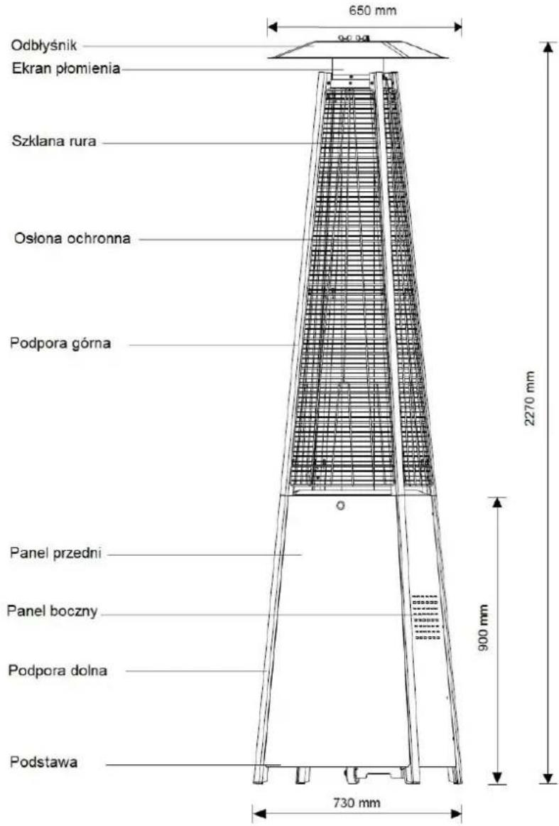 Odbłyśnik Ekran płomienia Szkłana rura Osłona ochronna Podpora górna Panel przedni Panel boczny Podpora dolna Podstawa 650 mm 940 mm 2270 mm 900 mm 730 mm