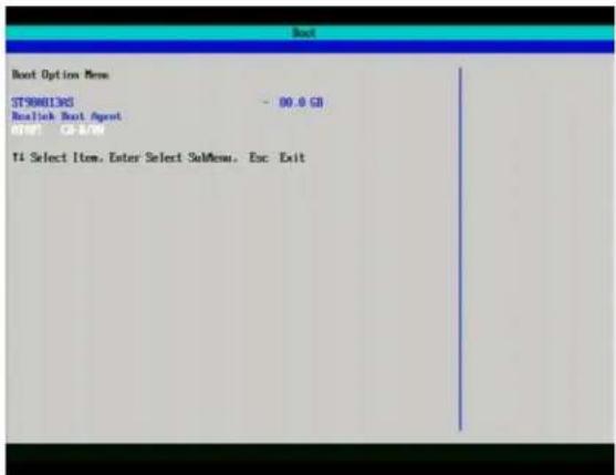 Boot Boot Option Menu ST90801385 - 00.0 GB Reallick Boot Agent Name: C#A/##t T4 Select Item, Enter Select SubMenu, Esc Exit