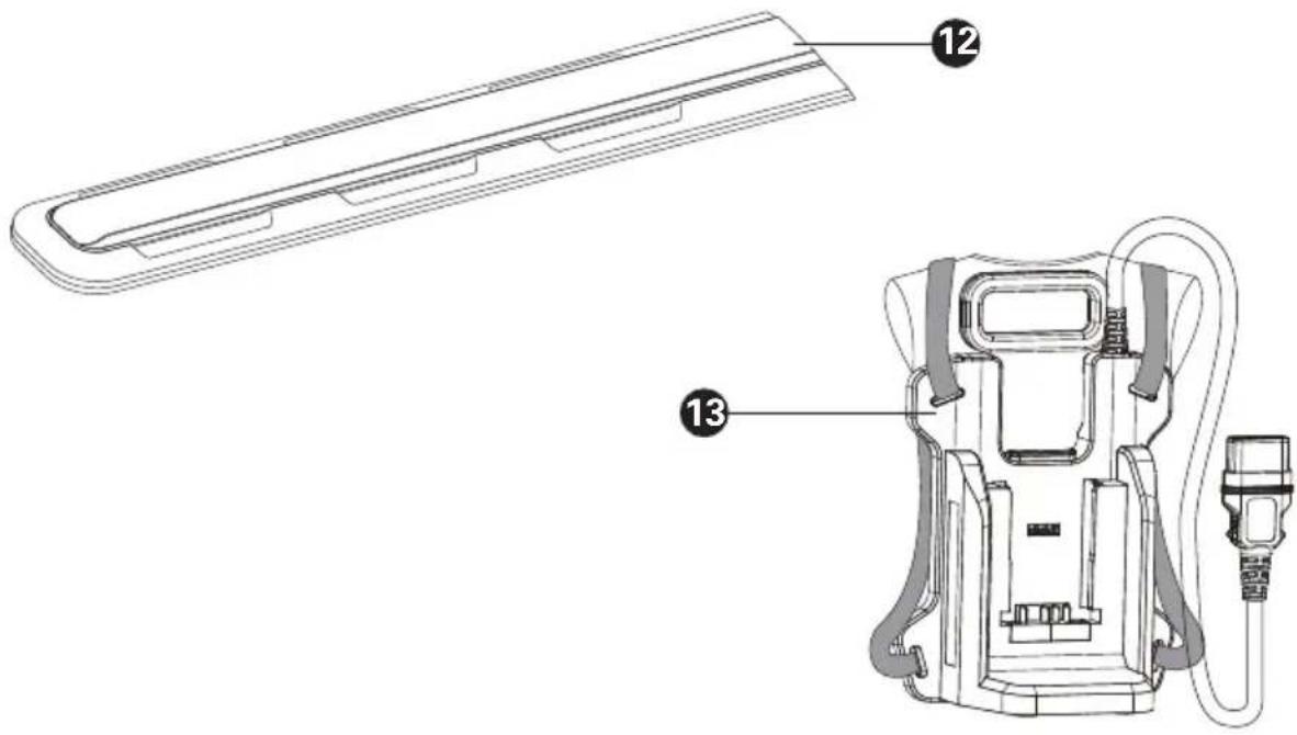 Technical diagram of a device with labeled parts 12 and 13, showing internal components and wiring connections.