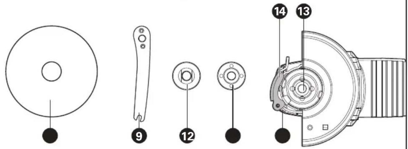 Technical diagram of a mechanical device with labeled parts including disc, handle, and housing components