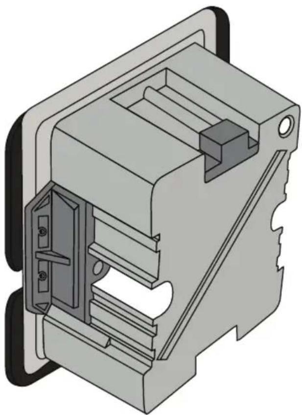 Technical illustration of a mechanical component with internal channels and mounting holes (no text or symbols)