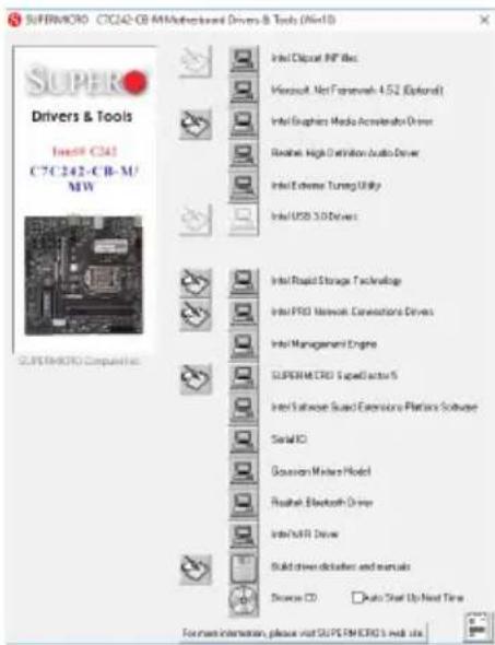 SUPERMIERO C7C242-CB MM/Networked Drivers & Tools (WIN10) Drivers & Tools Intel® C342 C7C242-CB-MU MW SUPERMIERO Computer Inc. Intel Digital MP Bits Microsoft Net Framework 4.52 (Optional) Intel Graphics Media Accelerator Driver Realtek High-Duration Audio Driver Intel Extreme Tuning Utility Intel USB S/O Drivers Intel Rapid Storage Technology Intel PRO Network Conversions Drivers Intel Management Engine SUPERMIERO SuperFactor 5 Intel Software Squad Externos Platform Software SerialIO Gaussian Master Model Realtek Bluetooth Driver Intel/WIFI Driver Build drive details and manuals Source CD Auto Start Up Next Time For more information, please visit SUPERMIERO 1.mid.no