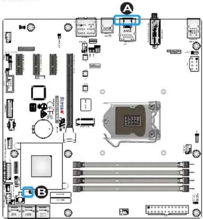 Circuit board layout diagram with labeled components and connectors, including CPU socket, memory, and power modules