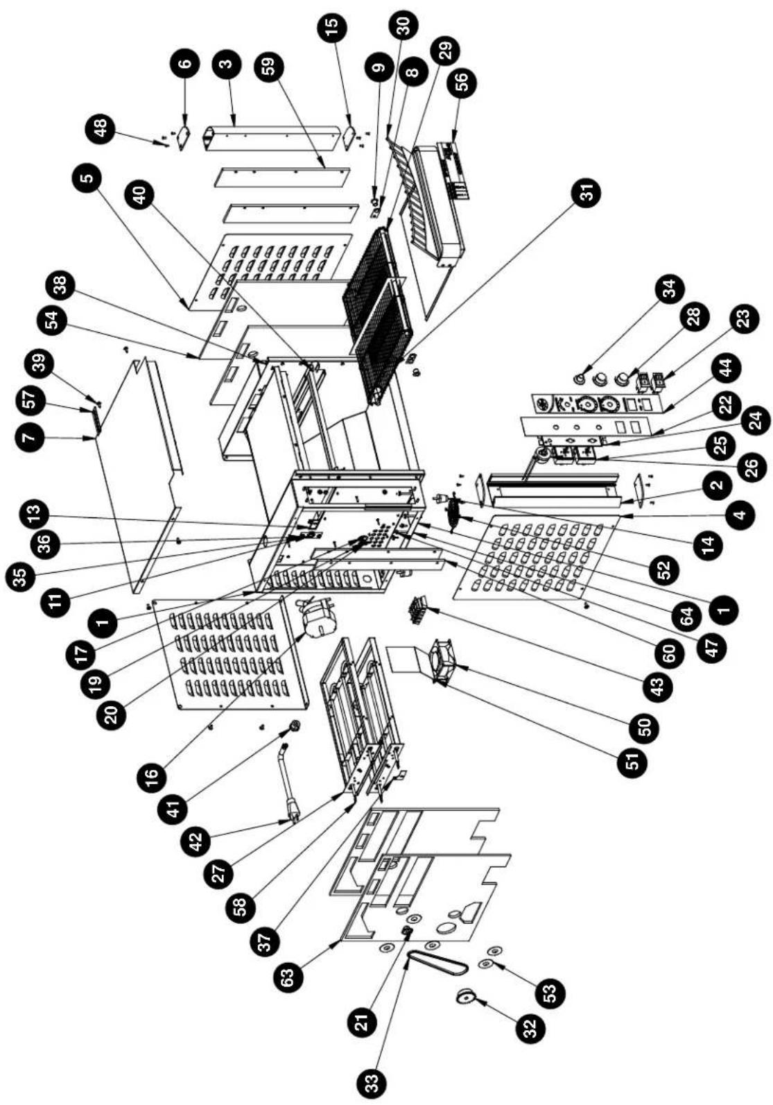 Exploded view diagram of a multi-chamber refrigerator with numbered components for identification