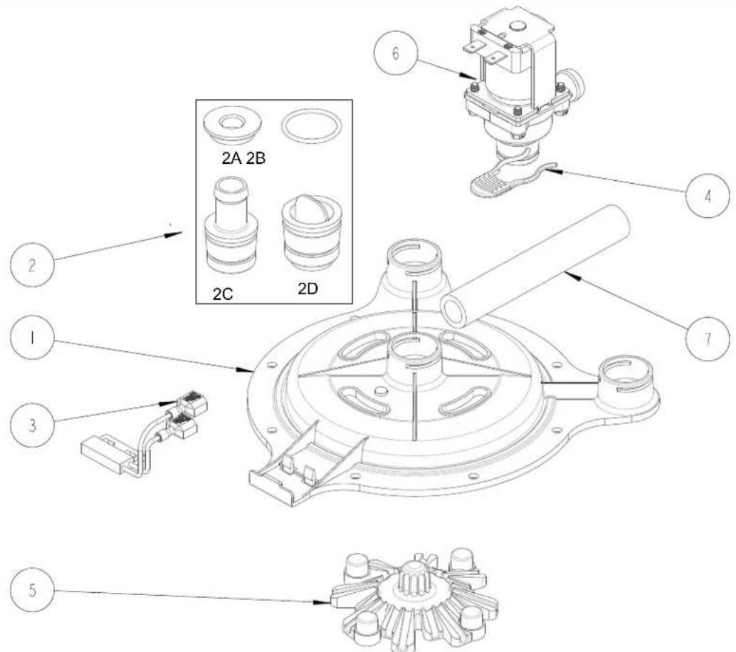 Technical diagram of a mechanical assembly with numbered components and labeled parts (1-7), including a detailed inset showing 2A, 2B, 2C, and 2D parts.