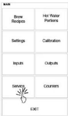 MAIN Brew Recipes Hot Water Portions Settings Calibration Inputs Outputs Service Counters EXIT