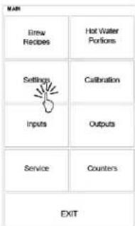 MAY Brew Recipes Hot Water Portions Settings Calibration Inputs Outputs Service Counters EXIT