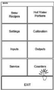 Stew Recipes Hot Water Portions Settings Calibration Inputs Outputs Service Counters EXIT