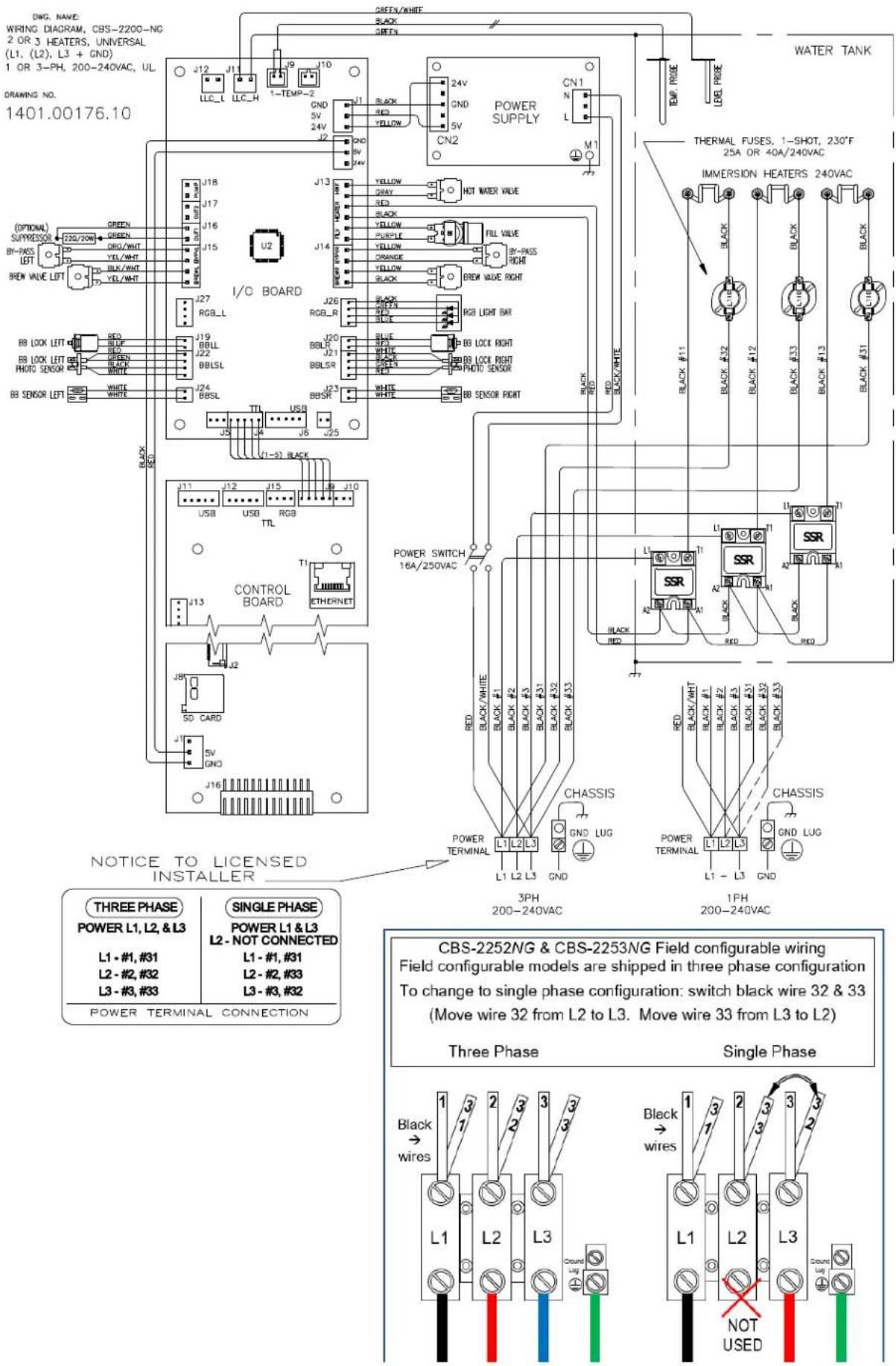 DWG. NAME: WRING DIAGRAM, CBS-2200-NG 2 OR 3 HEATERS, UNIVERSAL (L1, (L2), L3 + GND) 1 OR 3-PH, 200-240VAC, UL DRAWING NO. 1401.00176.10 GREEN/WHITE BLACK GREEN J12 J1 LLC_L LLC_H 1-TEMP-2 GND NLD NLD NLD NLD NLD NLD NLD NLD NLD NLD NLD NLD NLD NLD NLD NLD NLD NLD NLD NLD NLD NLD NLD NLD NLD NLD NLD NLD NLD NLD NLD NLD NLD NLD NLD NLD NLD NLD NLD NLD NLD NLD NLD NLD NLD NLD NLD NLD NLD NLD NMD I/O BOARD J18 J17 J16 J15 U2 (OPTIONAL) SUPPRESSOR GREEN RED BLACK BI-PASS LEFT BLK/WHT YELLOW RED BLACK BREW VILE LEFT BY WHT YELLOW RED BLACK J27 RGB_L J26 RGB_R J25 RGB LIGHT BAR J19 BBL BBL J22 BBL SL J21 BBL R J20 BBL LOCK RIGHT J24 BBS L J23 WHITE RED BLACK/WHITE J11 J12 J15 J10 USB USB USB USB USB USB USB USB USB USB USB USB USB USB USB USB USB USB USB USB USB USB USB USB USB USB USB USB USB USB USB USB USB USB USB USB USB USB USB USB USB USB USB USB USB USB USB USB USB USB USB USB USB USB USB USB USB USB USB USB USB USB USB USB USB USB USB USB USB USB USB USB USB USB USB USB USB USB USB USB USB USB USB USB USB USB USB USB USB USB USB USB USB USB USB USB USB USB USB USB US CONTROL BOARD T1 ETHERNET J13 J8 SD CARD J1 J16 SVD GND J16 SVD GND J16 SVD GND J16 SVD GND J16 SVD GND J16 SVD GND J16 SVD GND J16 SVD GND J16 SVD GND J16 SVD GND J16 SVD GND J16 SVD GND J16 SVD GND J16 SVD GND J16 SVD GND J POWER SWITCH 16A/250VAC POWER TERMINAL CHASSIS L1 L2 L3 GND LUG 3PH 200-240VAC SRS SSR BLACK/WHITE BLACK #1 Black #2 Black #3 Black #4 Black #5 Black #6 Black #7 Black #8 Black #9 Black #10 Black #11 Black #12 Black #13 Black #14 Black #15 Black #16 Black #17 Black #18 Black #19 Black #20 Black #21 Black #22 Black #23 Black #24 Black #25 Black #26 Black #27 Black #28 Black #29 Black #30 Black #31 Black #32 Black #33 Black #34 Black #35 Black #36 Black #37 Black #38 Black #39 Black #40 Black #41 Black #42 Black #43 Black #44 Black #45 Black #46 Black #47 Black #48 Black #49 Black #50 Black #51 Black #52 Black #53 Black #54 Black #55 Black #56 Black #57 Black #58 Black #59 Black #60 Black #61 Black #62 Black #63 Black #64 Black #65 Black #66 Black #67 Black #68 Black #69 Black #70 Black #71 Black #72 Black #73 Black #74 Black #75 Black #76 Black #77 Black #78 Black #79 Black #80 Black #81 Black #82 Black #83 Black #84 Black #85 Black #86 Black #87 Black #88 Black #89 Black #90 Black #91 Black #92 Black #93 Black #94 Black #95 Black #96 Black #97 Black #98 Black #99 Black #100 Black#N#E#S#S, 1-SHOT, 230°F IMMERSION HEATERS 240VAC THERMAL FUSES, 1-SHOT, 230°F 25A OR 40A/240VAC BLACK#N#S#S, 1-SHOT, 230°F IMMERSION HEATERS 240VAC BLACK#N#S, 1-SHOT, 230°F BLACK#N#S, 1-SHOT, 230°F BLACK#N#S, 1-SHOT, 230°F BLACK#N#S, 1-SHOT, 230°F BLACK#N#S, 1-SHOT, 230°F BLACK#N#S, 1-SHOT, 230°F BLACK#N#S, 1-ShOT, 230°F INTICE TO LICENSED INSTALLER THREE PHASE POWER L1, L2, & L3 SINGLE PHASE POWER L1 & L3 L2-NOT CONNECTED L1 -#1,#31 L2 -#2,#32 L3 -#3,#33 L3 -#3,#32 POWER TERMINAL CONNECTION CIBS-2252NG & CBS-2253NG Field configurable wiring Field configurable models are shipped in three phase configuration To change to single phase configuration: switch black wire 32 & 33 (Move wire 32 from L2 to L3. Move wire 33 from L3 to L2) Three Phase Single Phase Black → wires L1 L2 L3 Black → wires L1 L2 L3 Black → wires L1 L2 L3 Black → wires L1 L2 L3 Black → wires L1 L2 L3 Black → wires L1 L2 L3 Black → wires L1 L2 L3 Black → wires L1 L2 L3 Black → wires L1 L2 L3 Black → wires L1 L2 L3 Black → wires L1 L2 L4 L5 L6 L7 L8 L9 L10 L11 L12 L13 L14 L15 L16 L17 L18 L19 L20 L21 L22 L23 L24 L25 L26 L27 L28 L29 L30 L31 L32 L33 L34 L35 L36 L37 L38 L39 L40 L41 L42 L43 L44 L45 L46 L47 L48 L49 L50 L51 L52 L53 L54 L55 L56 L57 L58 L59 L60 L61 L62 L63 L64 L65 L66 L67 L68 L69 L70 L71 L72 L73 L74 L75 L76 L77 L78 L79 L80