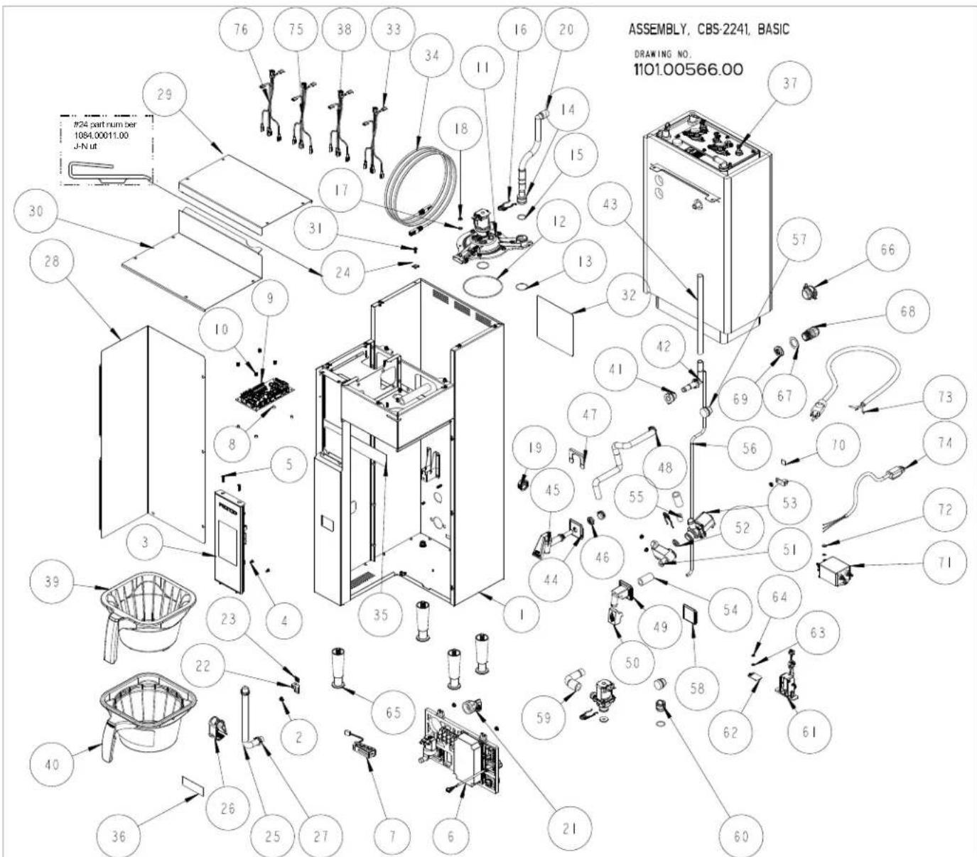 ASSEMBLY, CBS-2241, BASIC DRAWING NO. 1101.00566.00 #24 part num ber 1084.00011.00 J-N ut 76 75 38 33 34 11 16 20 29 17 31 24 30 28 9 10 8 5 3 39 23 4 22 40 36 26 25 27 7 6 21 65 59 50 58 62 61 60 76 75 38 33 34 11 14 15 43 12 13 32 41 42 47 45 46 44 49 50 54 53 52 51 56 55 57 66 68 73 74 72 71 69 67 70 62 61