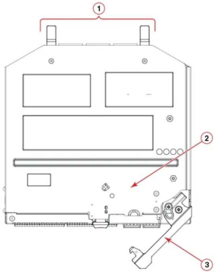 Technical diagram of a computer chassis with numbered components and labeled parts