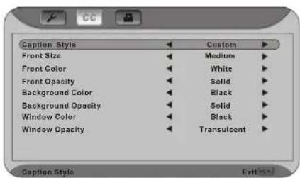 Caption Style Front Size Front Color Front Opacity Background Color Background Opacity Window Color Window Opacity Custom Medium White Solid Black Solid Black Translucent Caption Style Exit