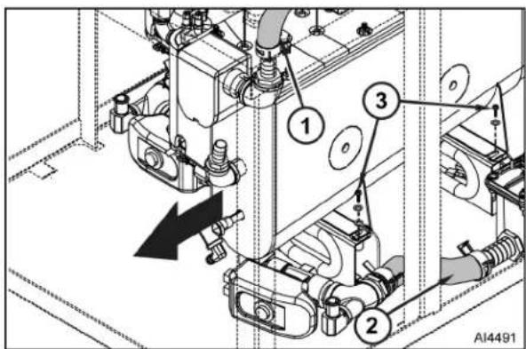 Technical diagram of a mechanical assembly with numbered components and directional arrow indicating motion or movement.