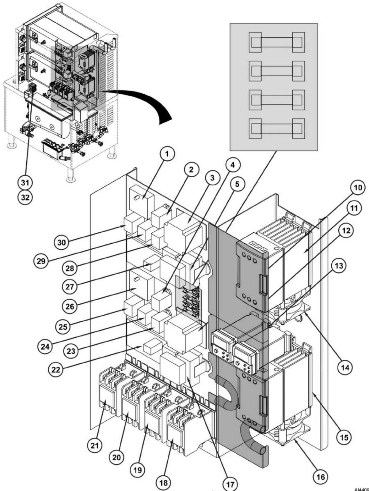 Technical diagram of an electrical control unit with numbered components and a schematic view showing internal structure and assembly.