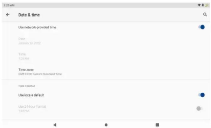 1:25 AM Date & time Use network-provided time Date January 13, 2022 Time: 1:25 AM Time zone GMT-05.00 Eastern Standard Time TIME FORMAT Use locale default Use 24-hour format 1:30 PM
