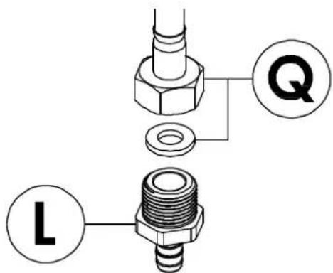 Technical diagram showing two mechanical components with labeled parts L and Q, connected by a bolt and nut assembly.