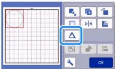 Screenshot of a graphic editing software interface showing a grid, circle, and tool panel with icons and a warning symbol.