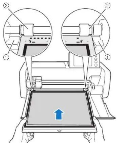 Technical diagram showing two views of a printer's internal structure with numbered annotations and an upward arrow indicator.
