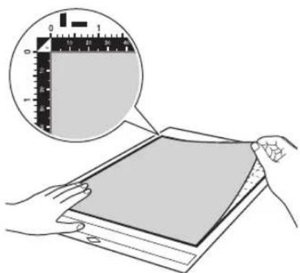 Illustration showing hands holding a sheet of paper with a ruler and magnified view of the paper's edge detail.