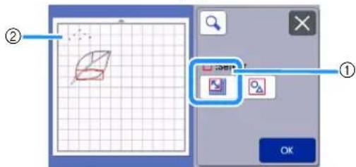 Screenshot of a software interface showing a grid document with a highlighted folder and file icon, labeled with step numbers ① and ②.