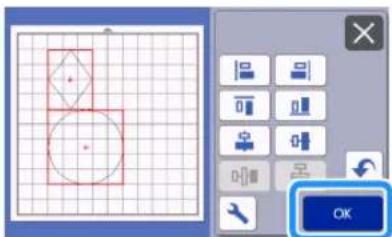 Screenshot of a drawing or CAD software interface showing a grid, circle, and tool panel with icons and an 'OK' button.