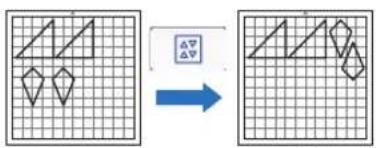 Diagram showing transformation of geometric shapes on a grid, with a blue arrow indicating the process.
