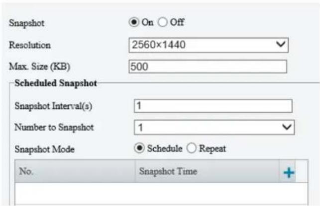 Snapshot On Off Resolution 2560×1440 Max. Size (KB) 500 Scheduled Snapshot Snapshot Interval(s) 1 Number to Snapshot 1 Snapshot Mode Schedule Repeat No. Snapshot Time