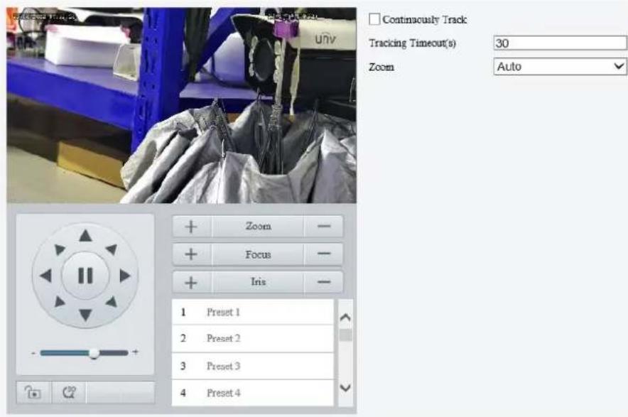 Continuously Track Tracking Timeout(s) 30 Zoom Auto + Zoom - + Focus - + Iris - 1 Preset 1 2 Preset 2 3 Preset 3 4 Preset 4