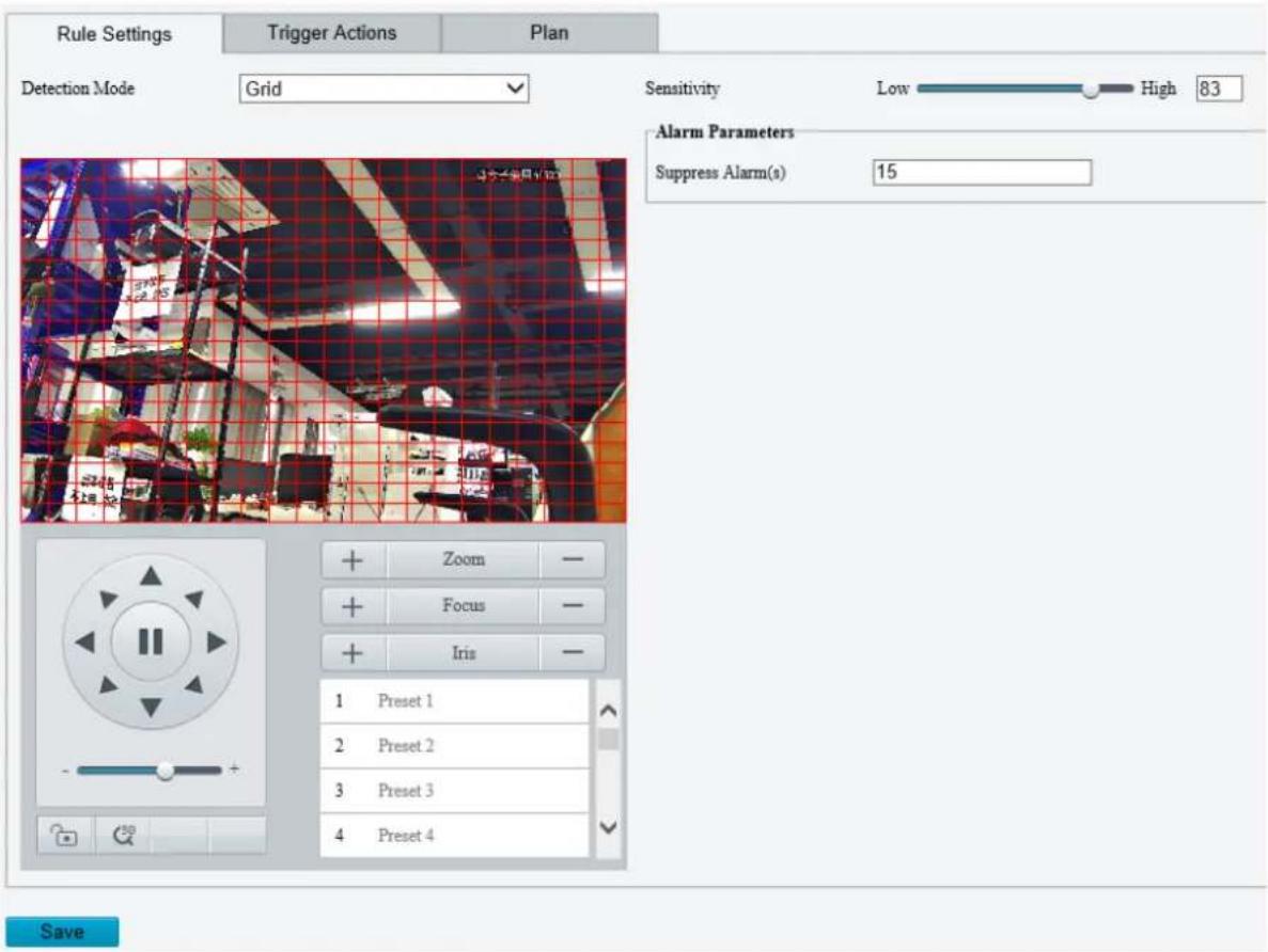 Rule Settings Trigger Actions Plan Detection Mode Grid Sensitivity Low High 83 Alarm Parameters Suppress Alarm(s) 15 + Zoom - + Focus - + Iris - 1 Preset 1 2 Preset 2 3 Preset 3 4 Preset 4 Save