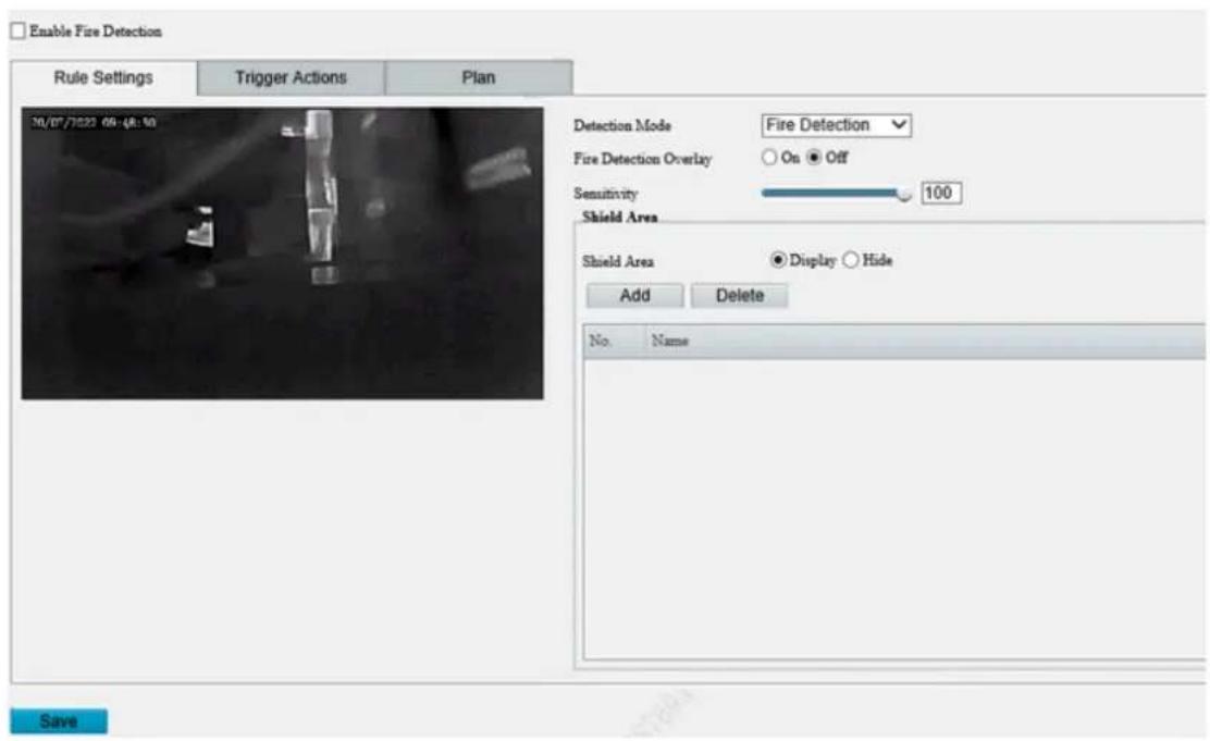 Enable Fire Detection Rule Settings Trigger Actions Plan Detection Mode Fire Detection Fire Detection Overlay ○ On ● Off Sensitivity 100 Shield Area Shield Area ● Display ○ Hide Add Delete No. Name Save