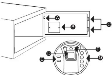Diagram showing a device with labeled components A, B, C, D, E, F, G and an inset view of the device's internal structure.