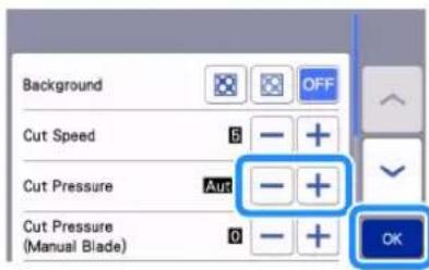 Background OFF Cut Speed 5 + Cut Pressure Aur + Cut Pressure (Manual Blade) 0 + OK