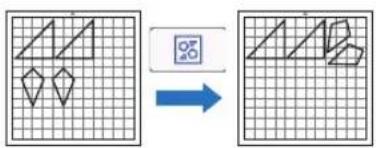 Diagram showing transformation of geometric shapes into a grid, with a blue arrow indicating direction.