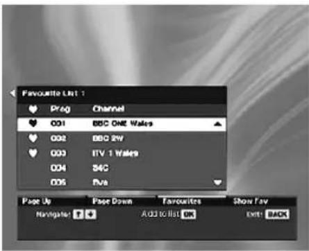 Favourite List 1 Prog Channel O01 BBC ONE Wales O02 BBC RW O03 ITV 1 Wales O04 S4C O05 Rua Page Up Page Down Favourites Show Fav Navigata Add to list OK Exit BACK