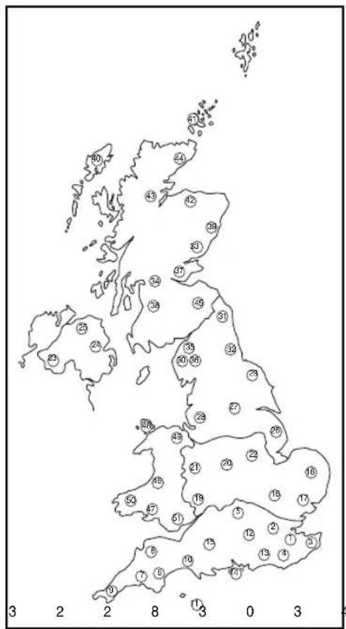Map of the United Kingdom with numbered regions and a scale bar from 0 to 4