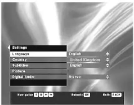 Settings Language Country Subscribers Picture Digital Audio English United Kingdom English Stereo Navigator Rebestr: OK Exit: BACK