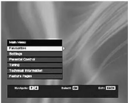 Main Menu Favourites Settings Parental Control Tuning Technical Information Feature Pages Navigator 1 2 Select OK Edit BACK