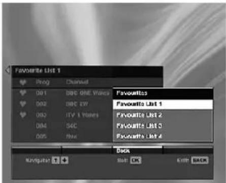 Favourite List 1 Prog Channel 001 BBC OKE Values 002 BBC EW 003 ITV 1 Values 004 S4C 005 RMC Favorites List 1 Favorites List 2 Favorites List 3 Favorites List 4 Disk Navigator 1 Stop OK Exit BACK