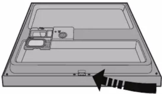 Diagram of a device casing with internal components and an arrow indicating a directional movement (no text or symbols).