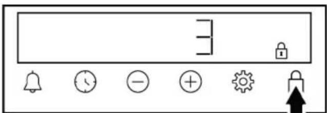 Control panel interface with icons for bell, clock, minus, plus, gear, lock, and directional arrow