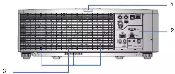 Diagram of a server rack with labeled ports and connectors, showing front panel, rear panel, and internal components.