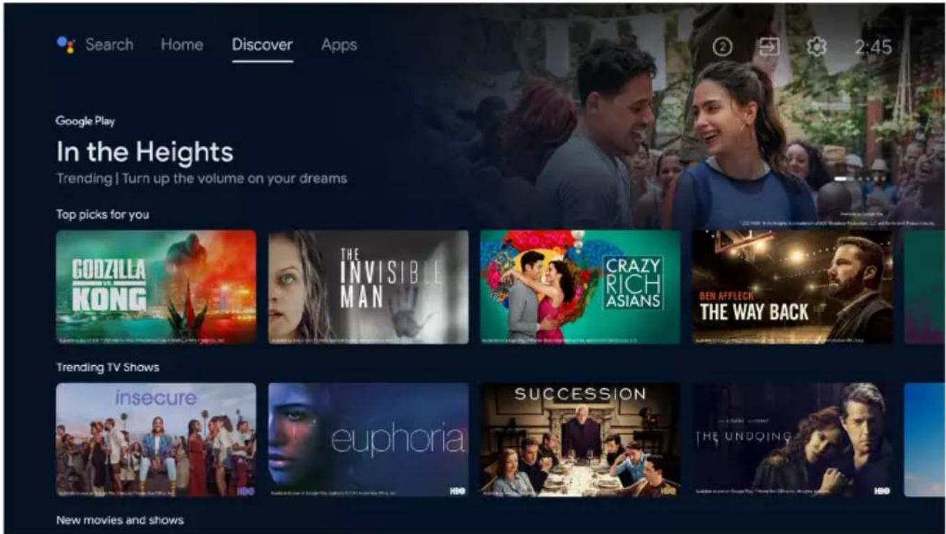 Search Home Discover Apps Google Play In the Heights Trending | Turn up the volume on your dreams Top picks for you GODZILLA KONG THE INVISIBLE MAN CRAZY RICH ASIANS BEN AFFLECK THE WAY BACK Trending TV Shows insecure euphoria SUCCESSION THE UNDOING New movies and shows