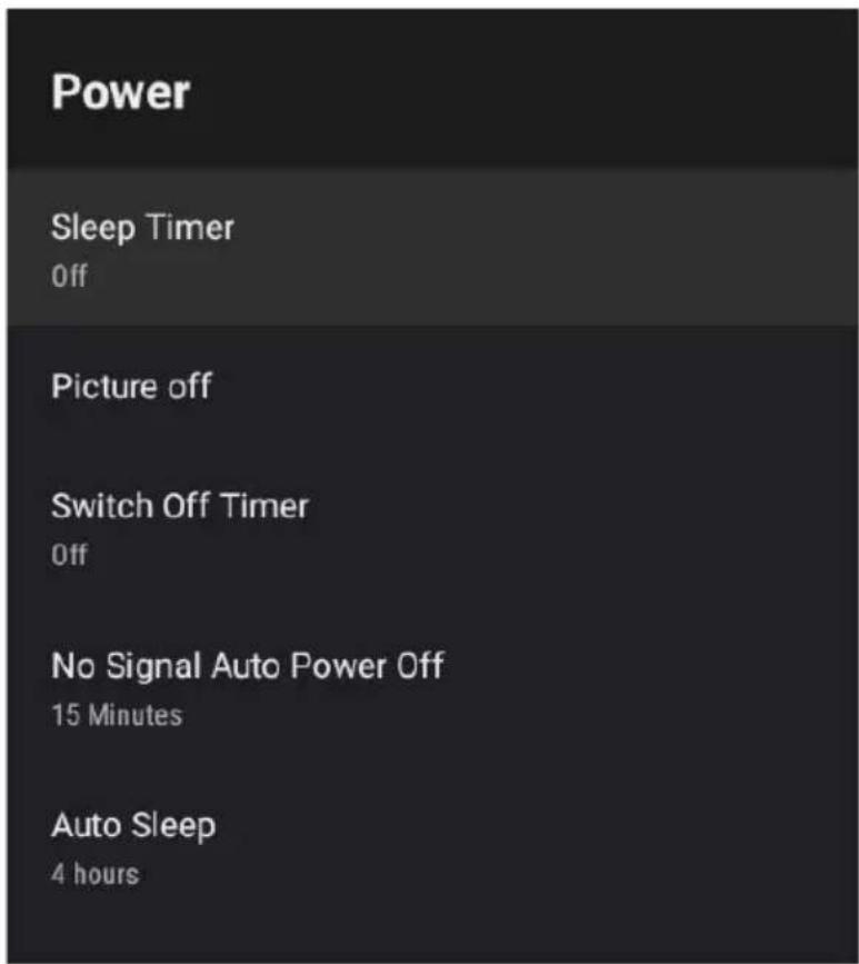 Power Sleep Timer Off Picture off Switch Off Timer Off No Signal Auto Power Off 15 Minutes Auto Sleep 4 hours