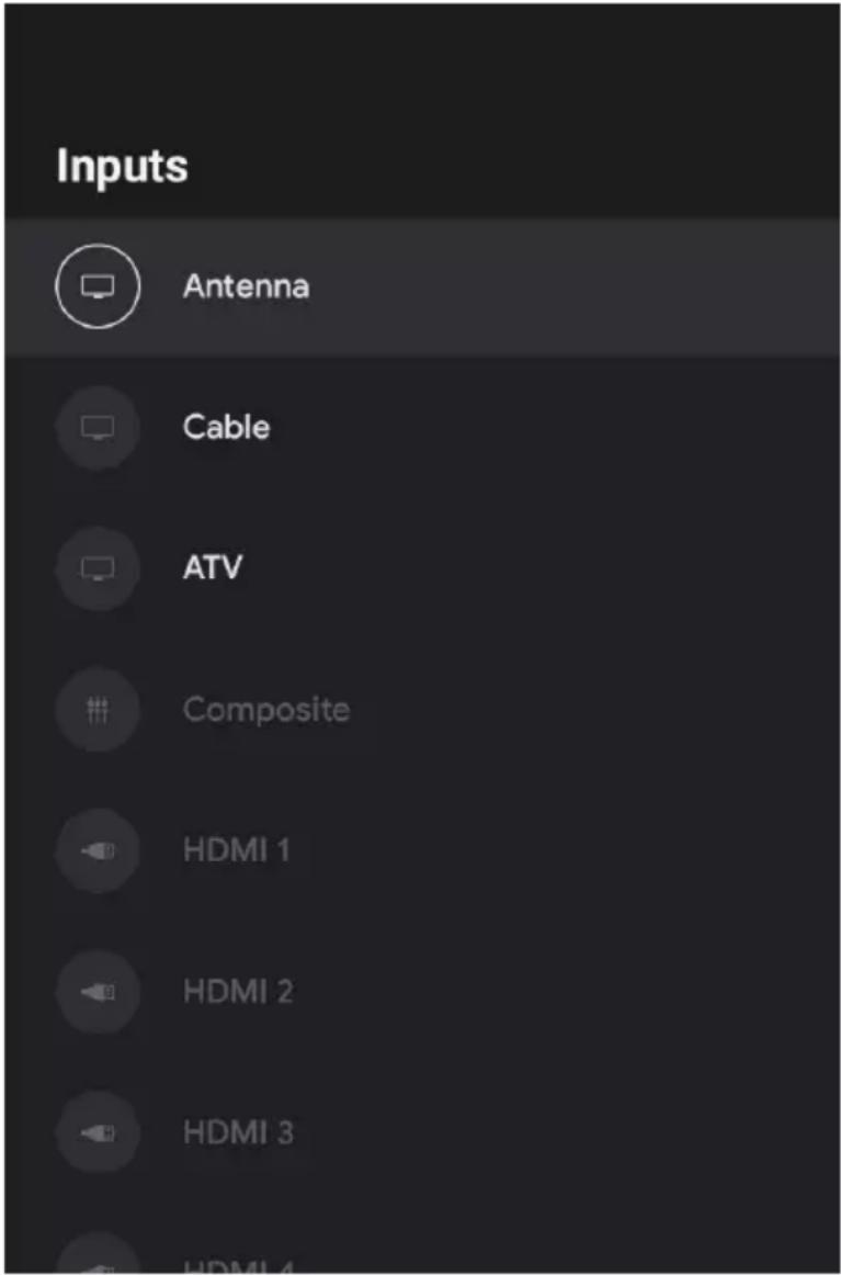 Inputs Antenna Cable ATV Composite HDMI 1 HDMI 2 HDMI 3 HDMI 4