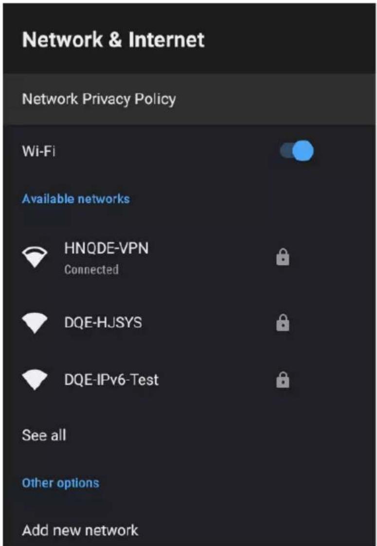 Network & Internet Network Privacy Policy Wi-Fi Available networks HNQDE-VPN Connected DQE-HJSYS DQE-IPv6-Test See all Other options Add new network
