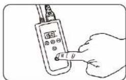 Hand-drawn diagram showing a hand holding a digital thermometer with measurement markings and a pointer labeled 'π' pointing to it.